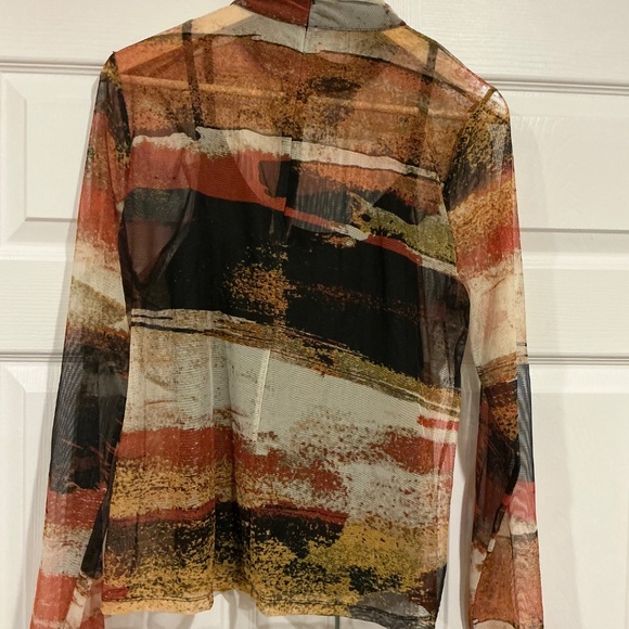 DKNY Mock Neck Long Sleeve Mesh Top. Brown, rust, gold with black shell. Large - Picture 3 of 5